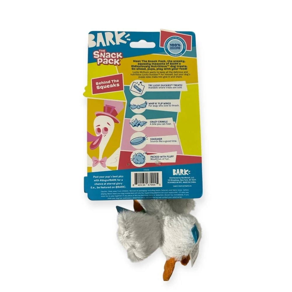 BARK Dog Squeaky Barkbox Toy THE SNACK PACK Lucky McDuck NEW!! 9
